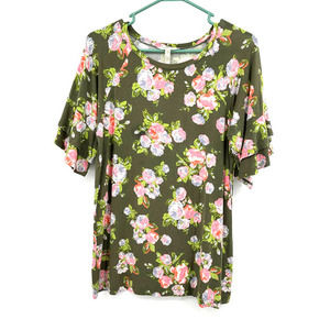 Matilda Jane size Medium green pink floral short sleeve top tee flutter‎ sleeve